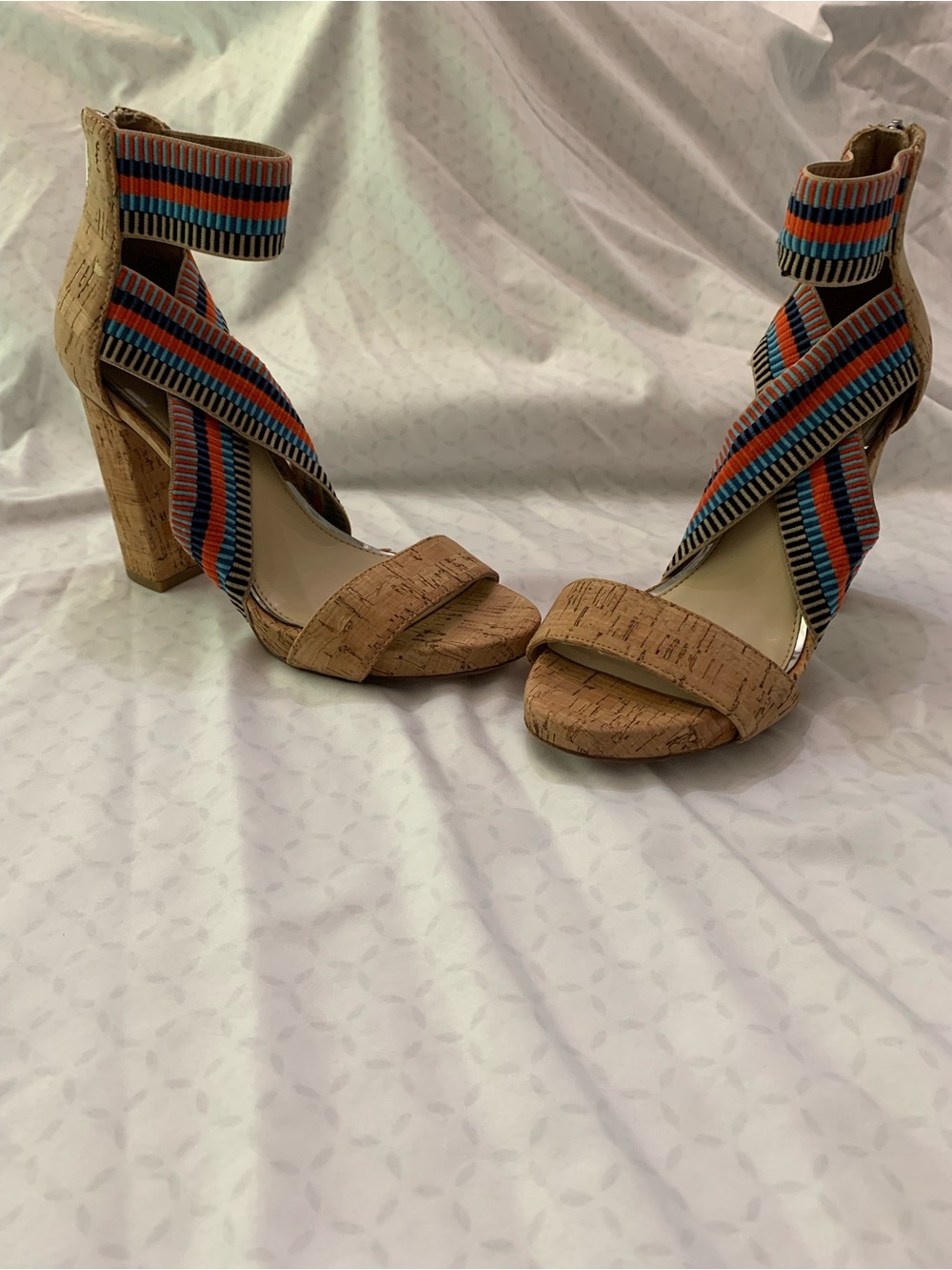 Jessica Simpson Cork Block Heels with Striped Ankle Wraps